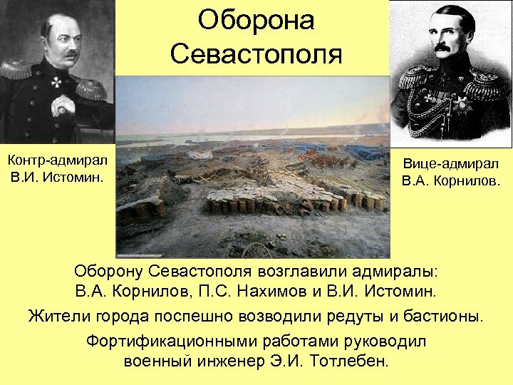 Оборона Севастополя Контр-адмирал В. И. Истомин. Вице-адмирал В. А. Корнилов. Оборону Севастополя возглавили адмиралы: