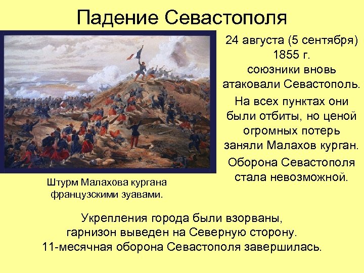 Падение Севастополя Штурм Малахова кургана французскими зуавами. 24 августа (5 сентября) 1855 г. союзники