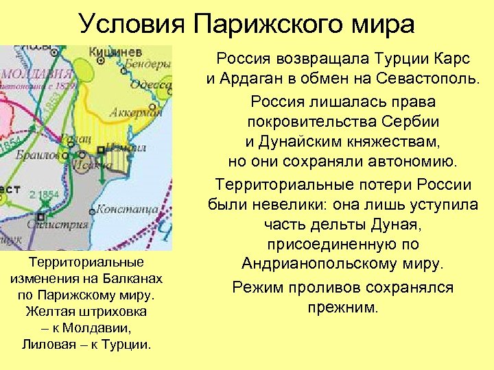 Условия Парижского мира Территориальные изменения на Балканах по Парижскому миру. Желтая штриховка – к