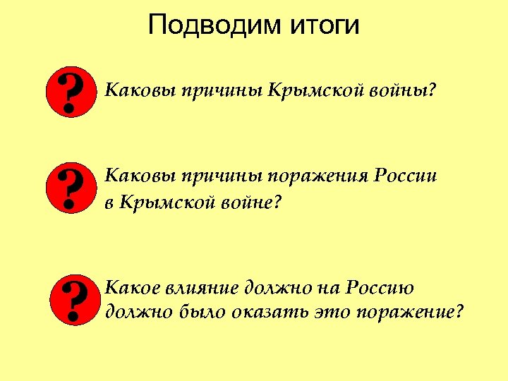 Подводим итоги ? Каковы причины Крымской войны? ? Каковы причины поражения России в Крымской