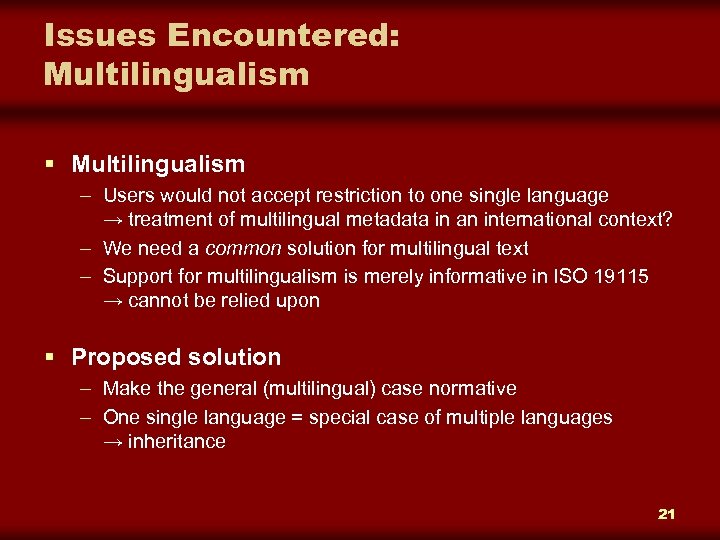 Issues Encountered: Multilingualism § Multilingualism – Users would not accept restriction to one single