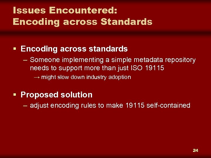 Issues Encountered: Encoding across Standards § Encoding across standards – Someone implementing a simple