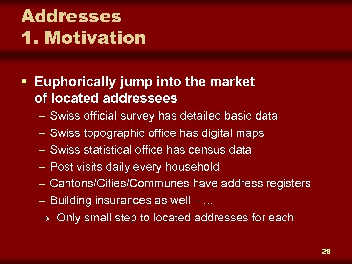 Addresses 1. Motivation § Euphorically jump into the market of located addressees – Swiss