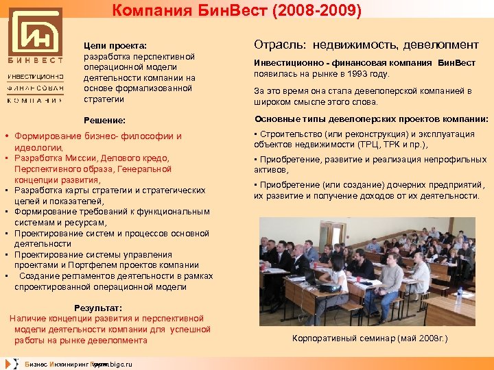 Компания Бин. Вест (2008 -2009) Цели проекта: Отрасль: недвижимость, девелопмент разработка перспективной Инвестиционно -