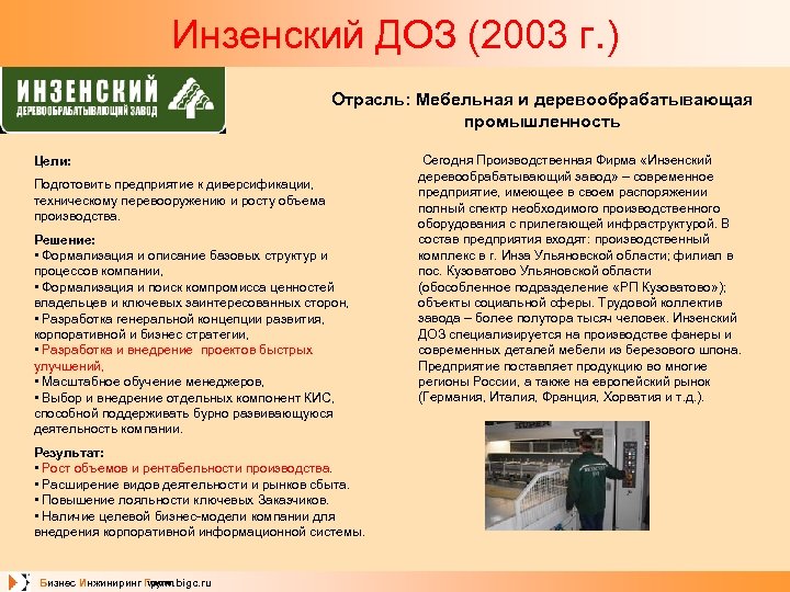 Инзенский ДОЗ (2003 г. ) Отрасль: Мебельная и деревообрабатывающая промышленность Цели: Подготовить предприятие к