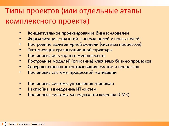 Типы проектов (или отдельные этапы комплексного проекта) • • • • • Концептуальное проектирование