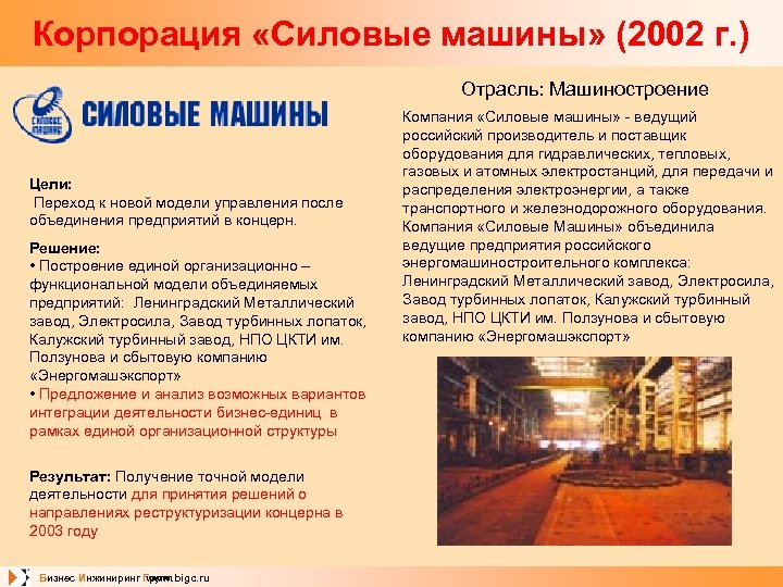 Корпорация «Силовые машины» (2002 г. ) Отрасль: Машиностроение Цели: Переход к новой модели управления