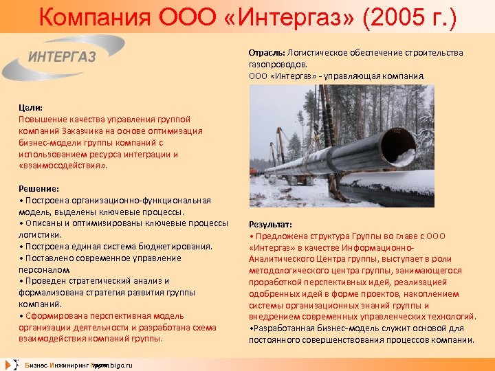 Компания ООО «Интергаз» (2005 г. ) Отрасль: Логистическое обеспечение строительства газопроводов. ООО «Интергаз» -