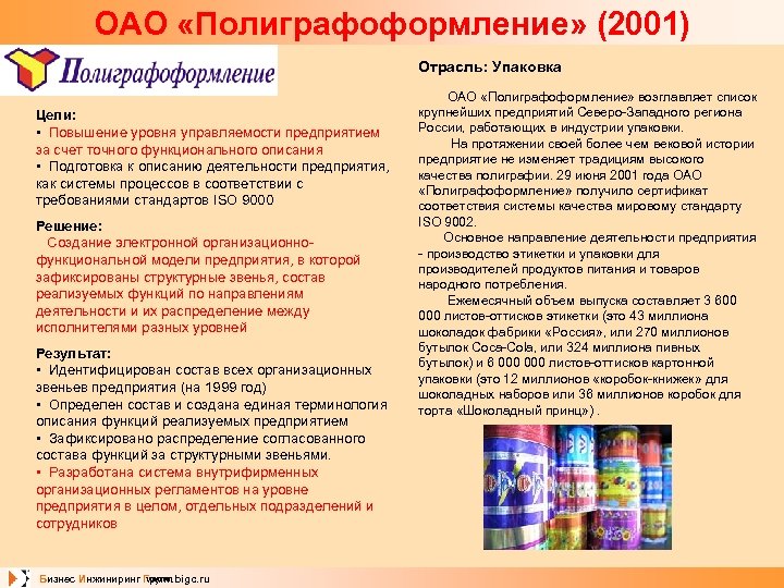 ОАО «Полиграфоформление» (2001) Отрасль: Упаковка Цели: • Повышение уровня управляемости предприятием за счет точного