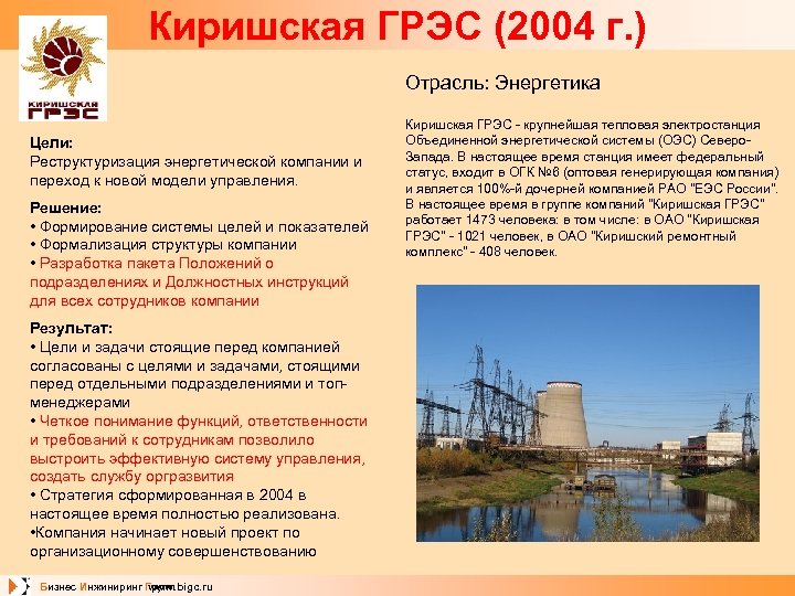 Киришская ГРЭС (2004 г. ) Отрасль: Энергетика Цели: Реструктуризация энергетической компании и переход к