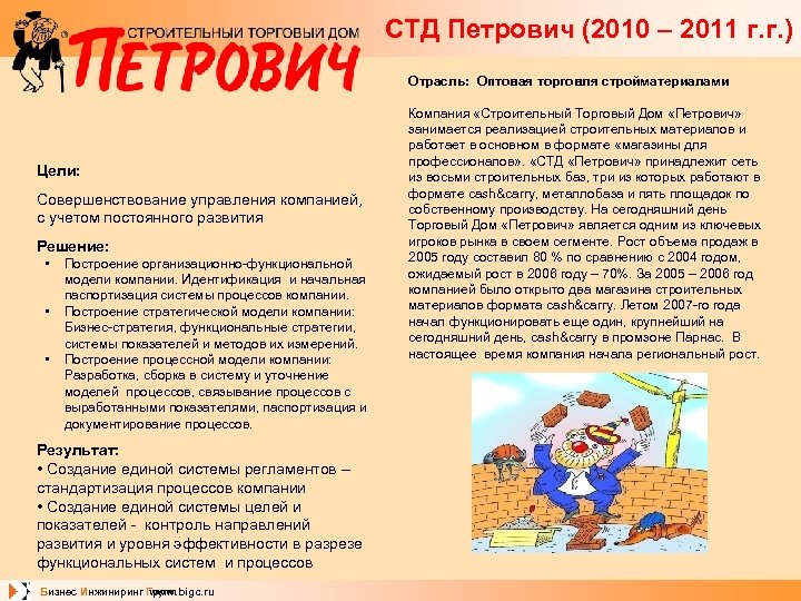 СТД Петрович (2010 – 2011 г. г. ) Отрасль: Оптовая торговля стройматериалами Цели: Совершенствование