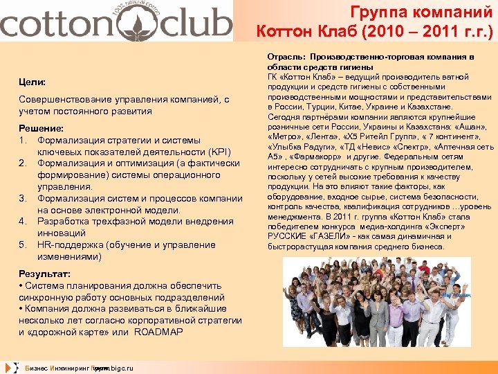 Группа компаний Коттон Клаб (2010 – 2011 г. г. ) Цели: Совершенствование управления компанией,