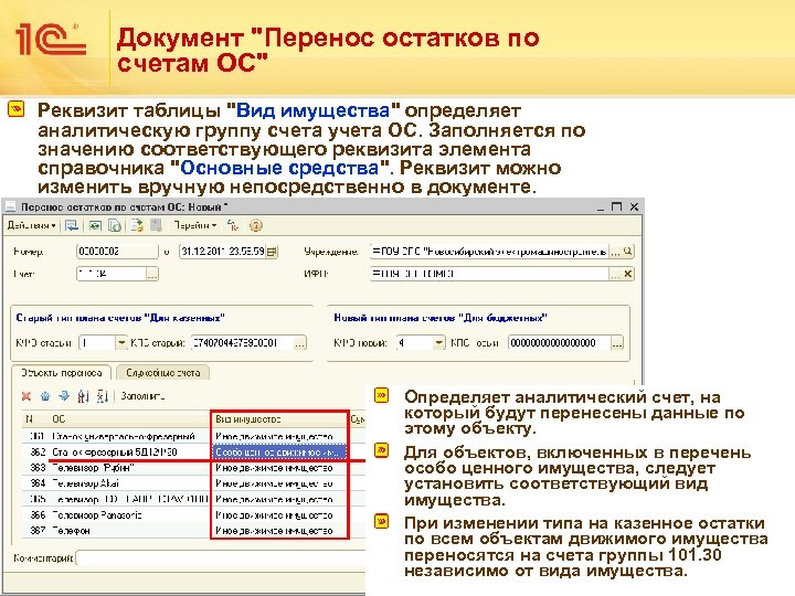 Документ "Перенос остатков по счетам ОС" Реквизит таблицы "Вид имущества" определяет аналитическую группу счета