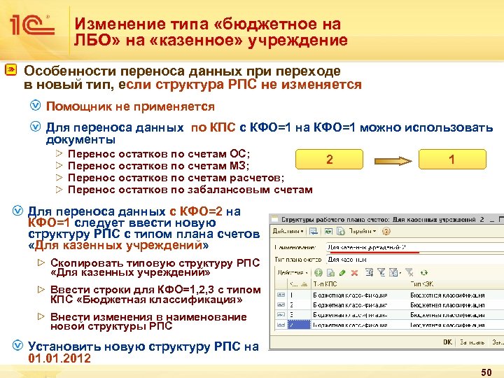 Изменение типа «бюджетное на ЛБО» на «казенное» учреждение Особенности переноса данных при переходе в