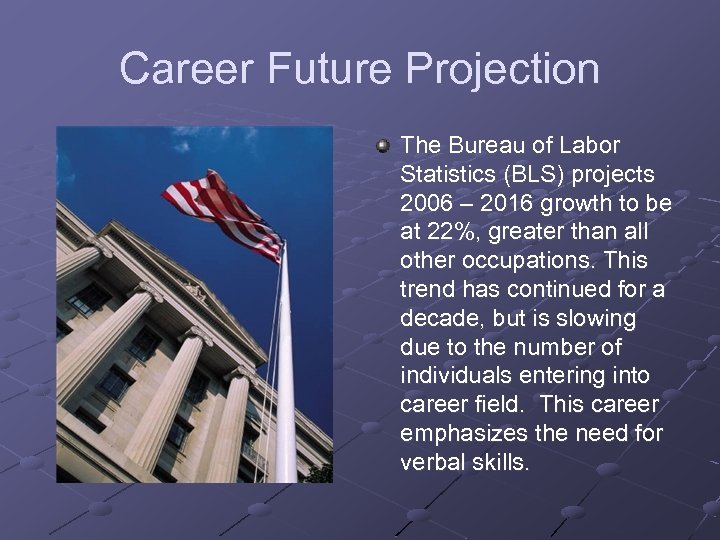 Career Future Projection The Bureau of Labor Statistics (BLS) projects 2006 – 2016 growth