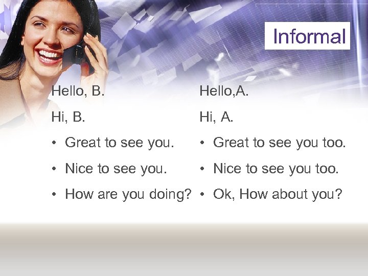 Informal Hello, B. Hello, A. Hi, B. Hi, A. • Great to see you