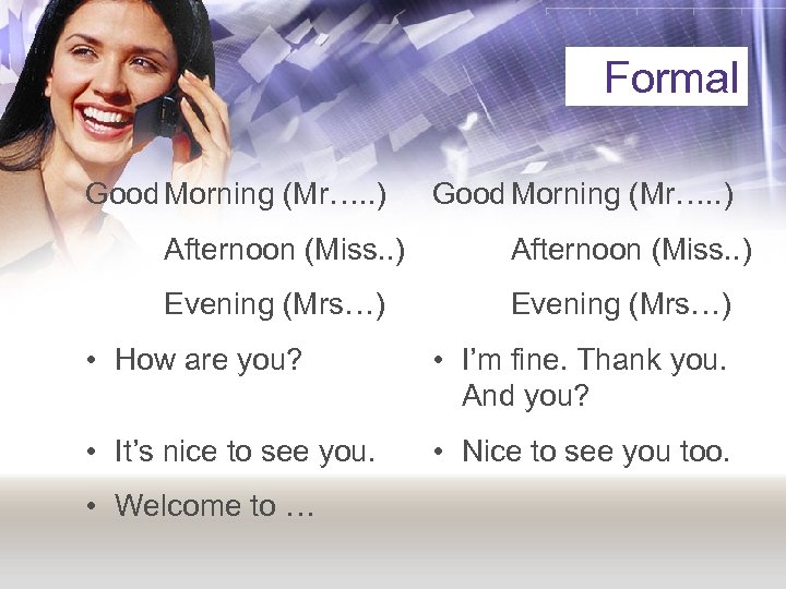 Formal Good Morning (Mr…. . ) Afternoon (Miss. . ) Evening (Mrs…) • How