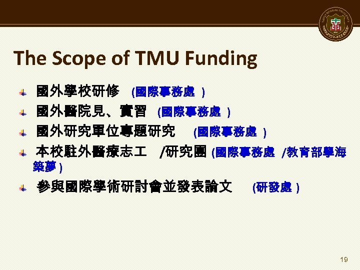 The Scope of TMU Funding 國外學校研修 (國際事務處 ) 國外醫院見、實習 (國際事務處 ) 國外研究單位專題研究 (國際事務處 )