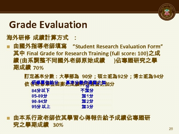 Grade Evaluation 海外研修 成績計算方式 ： n 由國外指導老師填寫 ”Student Research Evaluation Form” 其中 Final Grade
