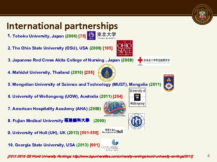 International partnerships 1. Tohoku University, Japan (2006) [75] 2. The Ohio State University (OSU),