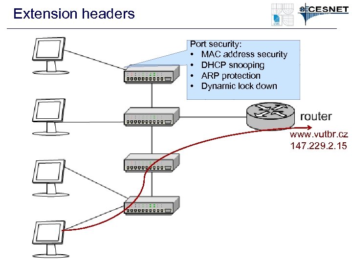 Extension headers Port security: • MAC address security • DHCP snooping • ARP protection