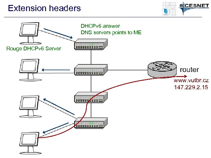 Extension headers DHCPv 6 answer DNS servers points to ME Rouge DHCPv 6 Server