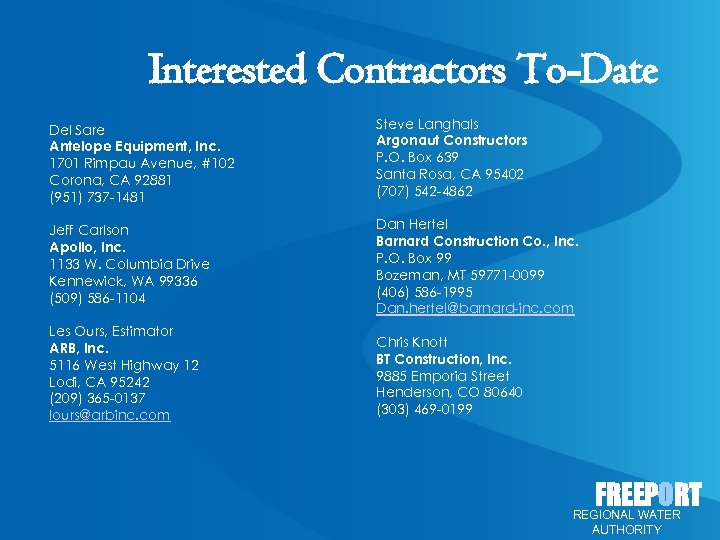 Interested Contractors To-Date Del Sare Antelope Equipment, Inc. 1701 Rimpau Avenue, #102 Corona, CA