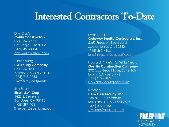 Interested Contractors To-Date Don Davis Contri Construction P. O. Box 97739 Las Vegas, NV