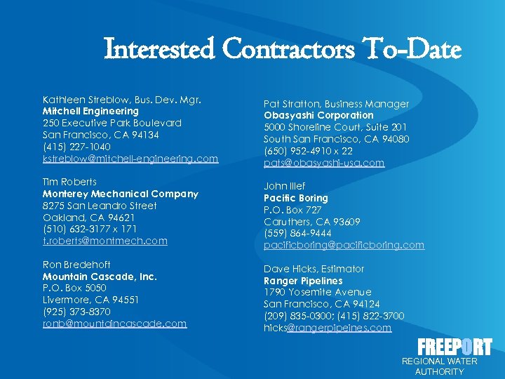 Interested Contractors To-Date Kathleen Streblow, Bus. Dev. Mgr. Mitchell Engineering 250 Executive Park Boulevard