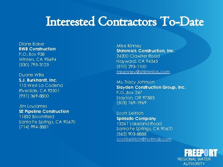 Interested Contractors To-Date Diane Baker RWB Construction P. O. Box 958 Winters, CA 95694