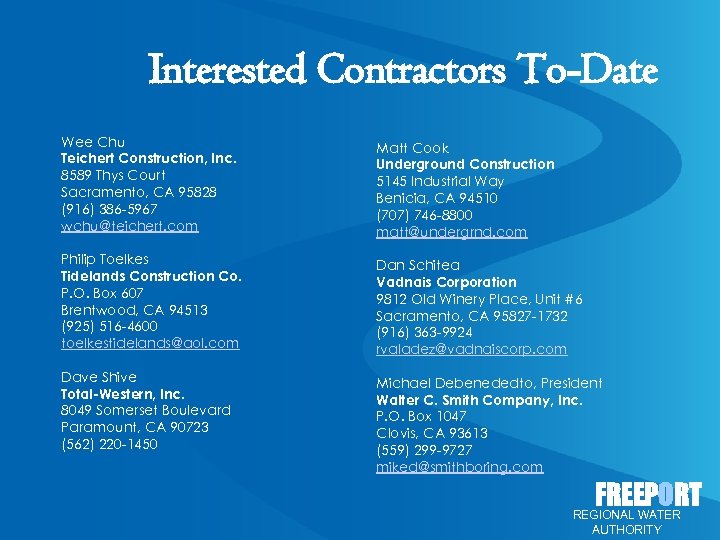 Interested Contractors To-Date Wee Chu Teichert Construction, Inc. 8589 Thys Court Sacramento, CA 95828