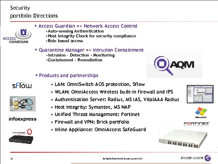 Security portfolio Directions § Access Guardian => Network Access Control • Auto-sensing Authentication •