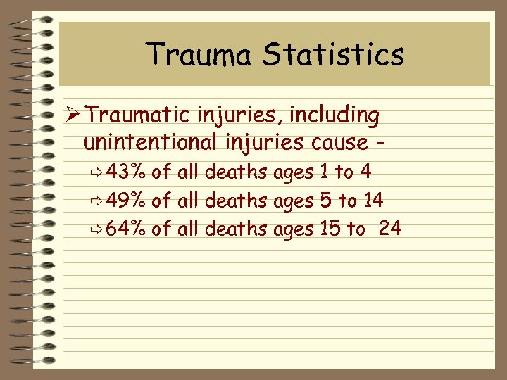 Trauma Statistics Ø Traumatic injuries, including unintentional injuries cause ð 43% of all deaths