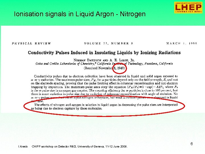 Ionisation signals in Liquid Argon - Nitrogen Plans and Perspectives I. Kreslo CHIPP workshop
