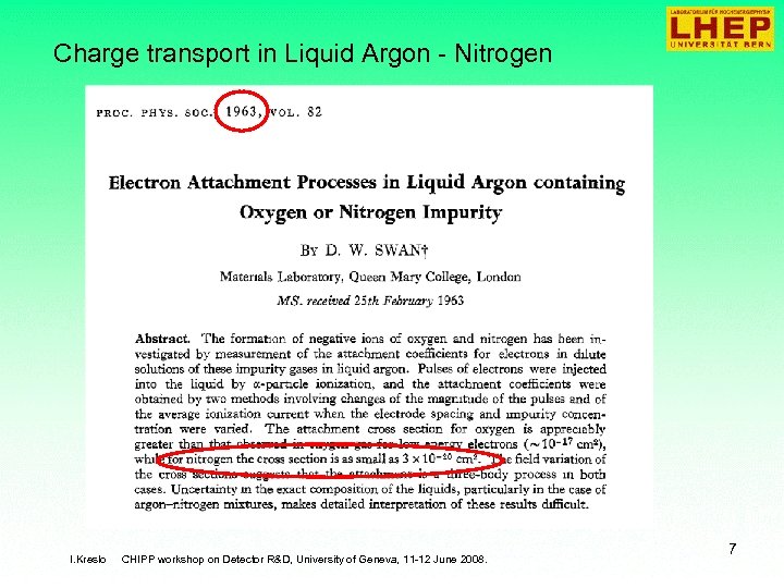 Charge transport in Liquid Argon - Nitrogen I. Kreslo CHIPP workshop on Detector R&D,