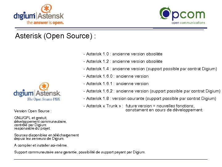 Asterisk (Open Source) : - Asterisk 1. 0 : ancienne version obsolète - Asterisk