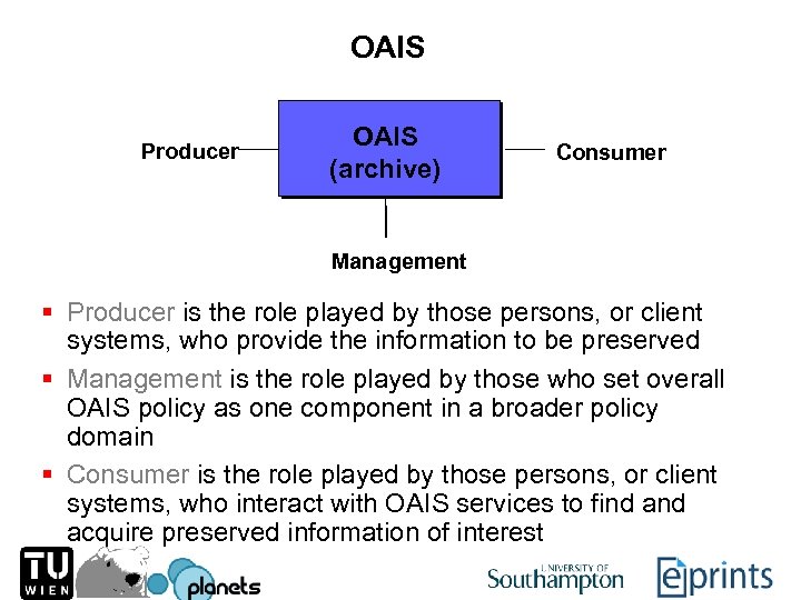OAIS Producer OAIS (archive) Consumer Management § Producer is the role played by those
