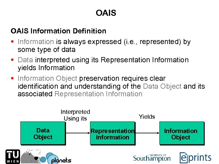 OAIS Information Definition § Information is always expressed (i. e. , represented) by some