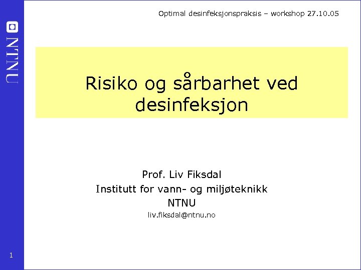 Optimal desinfeksjonspraksis – workshop 27. 10. 05 Risiko og sårbarhet ved desinfeksjon Prof. Liv