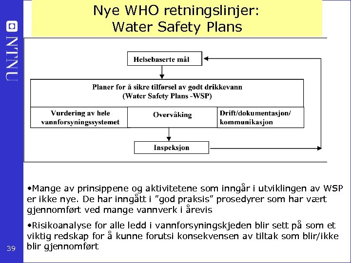 Nye WHO retningslinjer: Water Safety Plans • Mange av prinsippene og aktivitetene som inngår