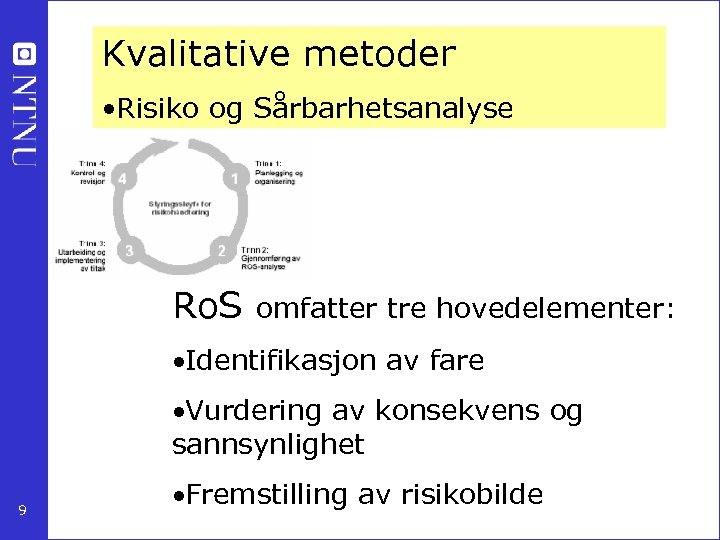 Kvalitative metoder • Risiko og Sårbarhetsanalyse Ro. S omfatter tre hovedelementer: Identifikasjon av fare