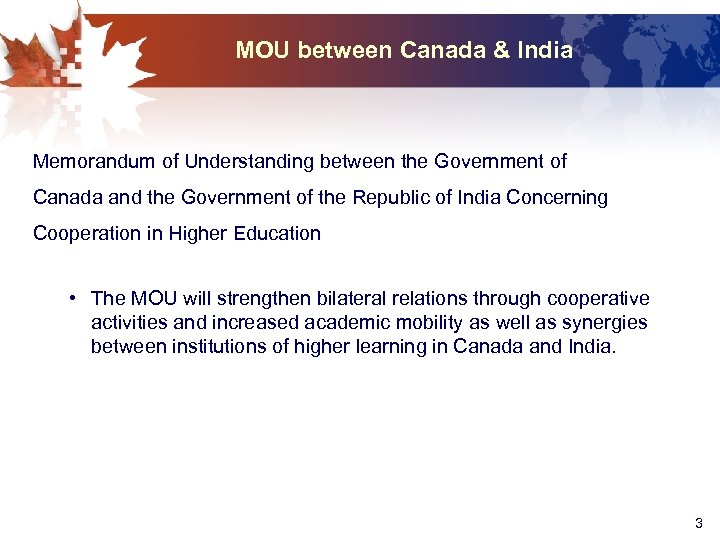 MOU between Canada & India Memorandum of Understanding between the Government of Canada and