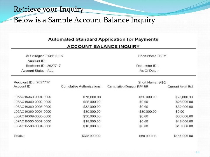 Retrieve your Inquiry Below is a Sample Account Balance Inquiry 44 