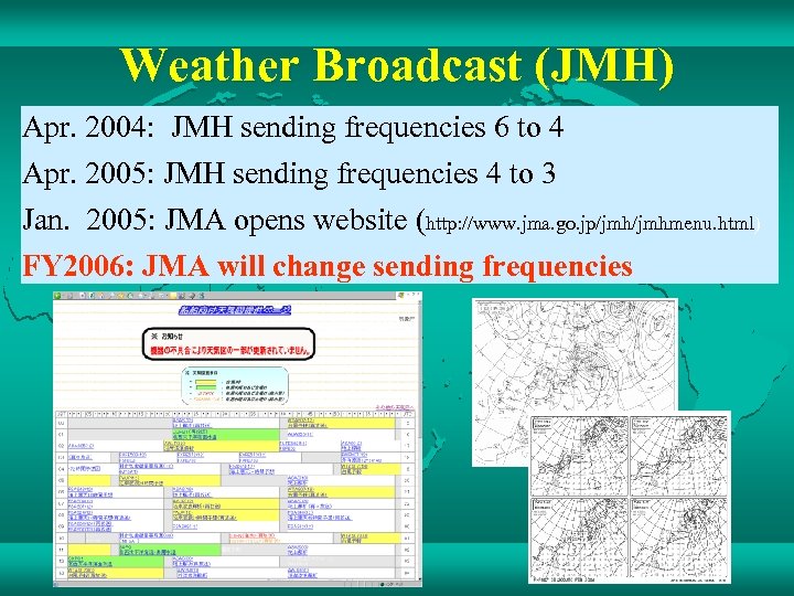 Weather Broadcast (JMH) Apr. 2004: JMH sending frequencies 6 to 4 Apr. 2005: JMH
