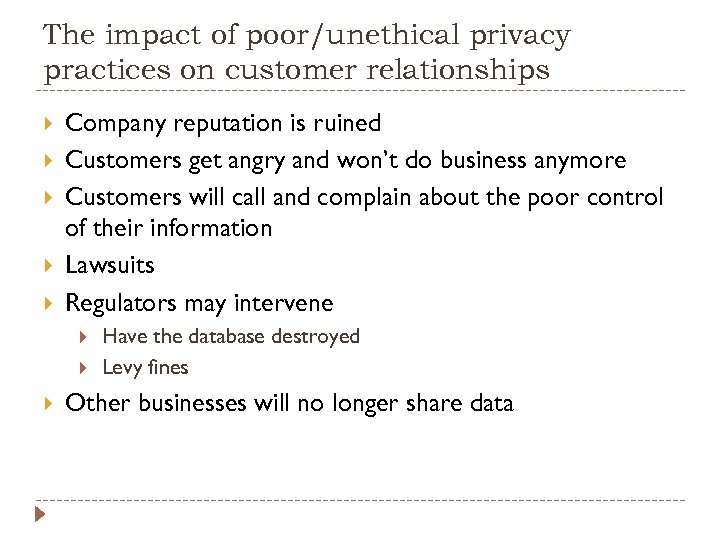 The impact of poor/unethical privacy practices on customer relationships Company reputation is ruined Customers