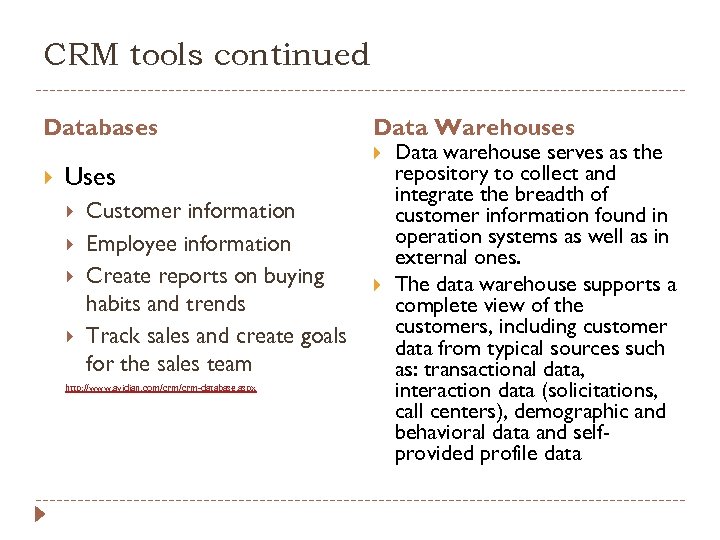 CRM tools continued Databases Uses Customer information Employee information Create reports on buying habits