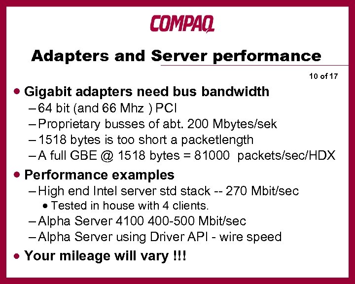 Adapters and Server performance · Gigabit adapters need bus bandwidth 10 of 17 –
