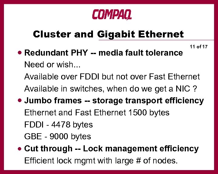 Cluster and Gigabit Ethernet · Redundant PHY -- media fault tolerance 11 of 17
