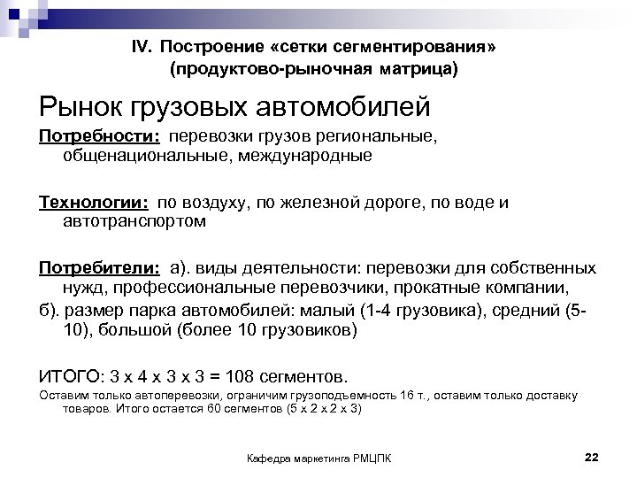 IV. Построение «сетки сегментирования» (продуктово-рыночная матрица) Рынок грузовых автомобилей Потребности: перевозки грузов региональные, общенациональные,