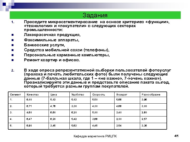 Задания 1. n n n 2. Проведите микросегментирование на основе критериев «функции» , «технологии»